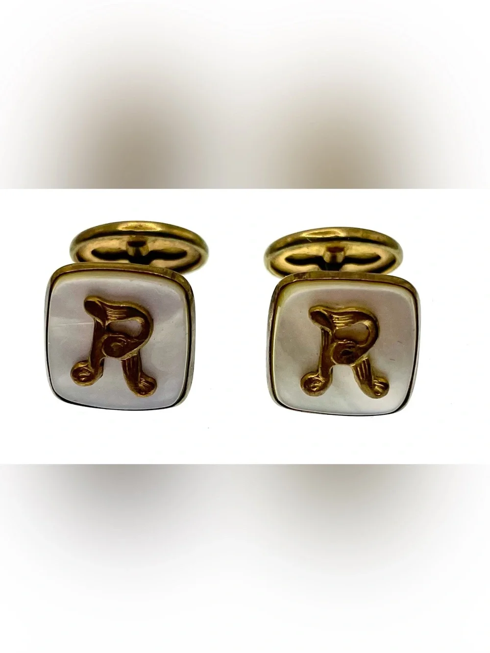 Vintage Mother of Pearl Monogram R Cufflinks Gold Tone Mid Century